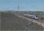 The RENFE Aliva Serie 120 is the Aliva Service  533 from San Sebastian to Barceolona; this trein runs here with high speed trough the landscape by Bujaraloz (Spain).