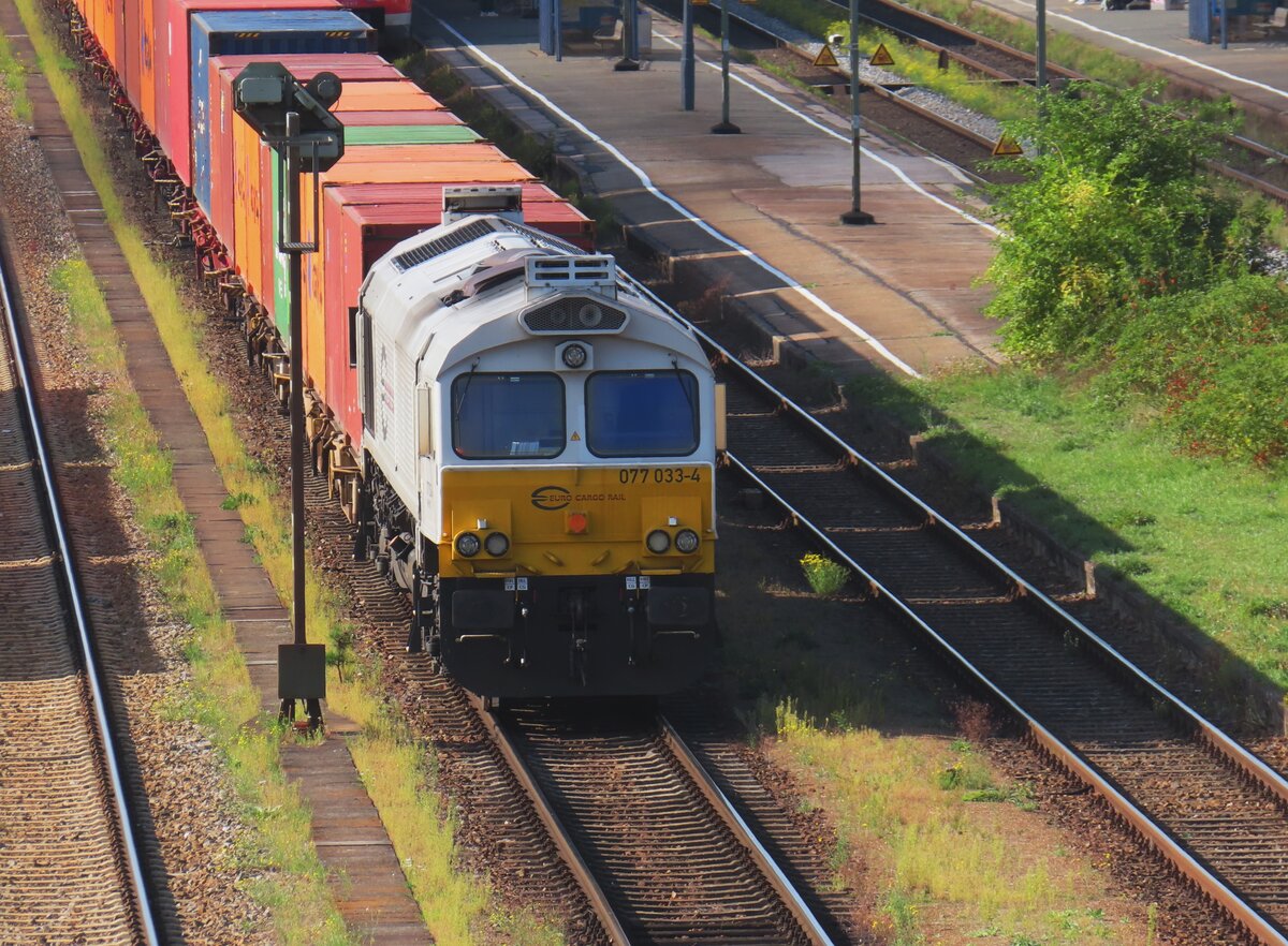 ECR 077 033 stands at Schwandorf and gets photographed from a bridge nearby the station on 20 September 2024.