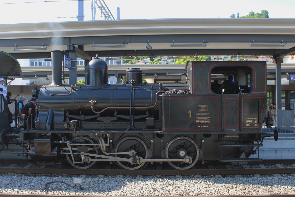 Lok-1 'LISE'of the Dampfbahn Bern stands in Konolfingen on 18 May 2025.