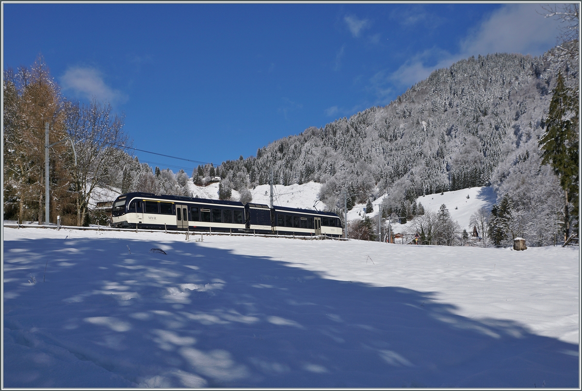 New year, new snow - during the night a few snowflakes transformed the landscape into a winter wonderland for a brief moment... At Les Avants the CEV MVR ABeh 2/6 7507 is on the way to Montreux as MOB R34 2315. 

January 3, 2025