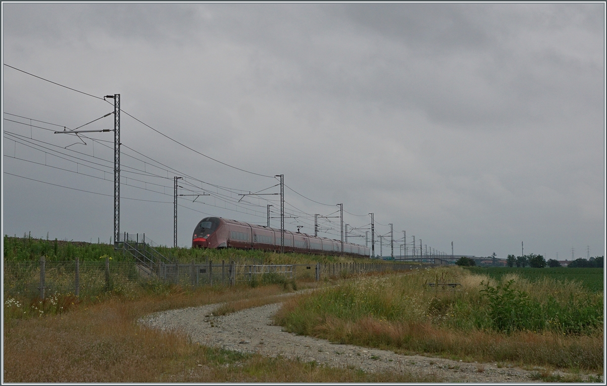 On the high-speed route Torino - Milano (RFI route number 9, length 127 km) the .Italo NTV ETR 575 018 is on the way to Napoli as ITALO 9927. The picture was taken not far from Livorno Ferraris.

June 15, 2024