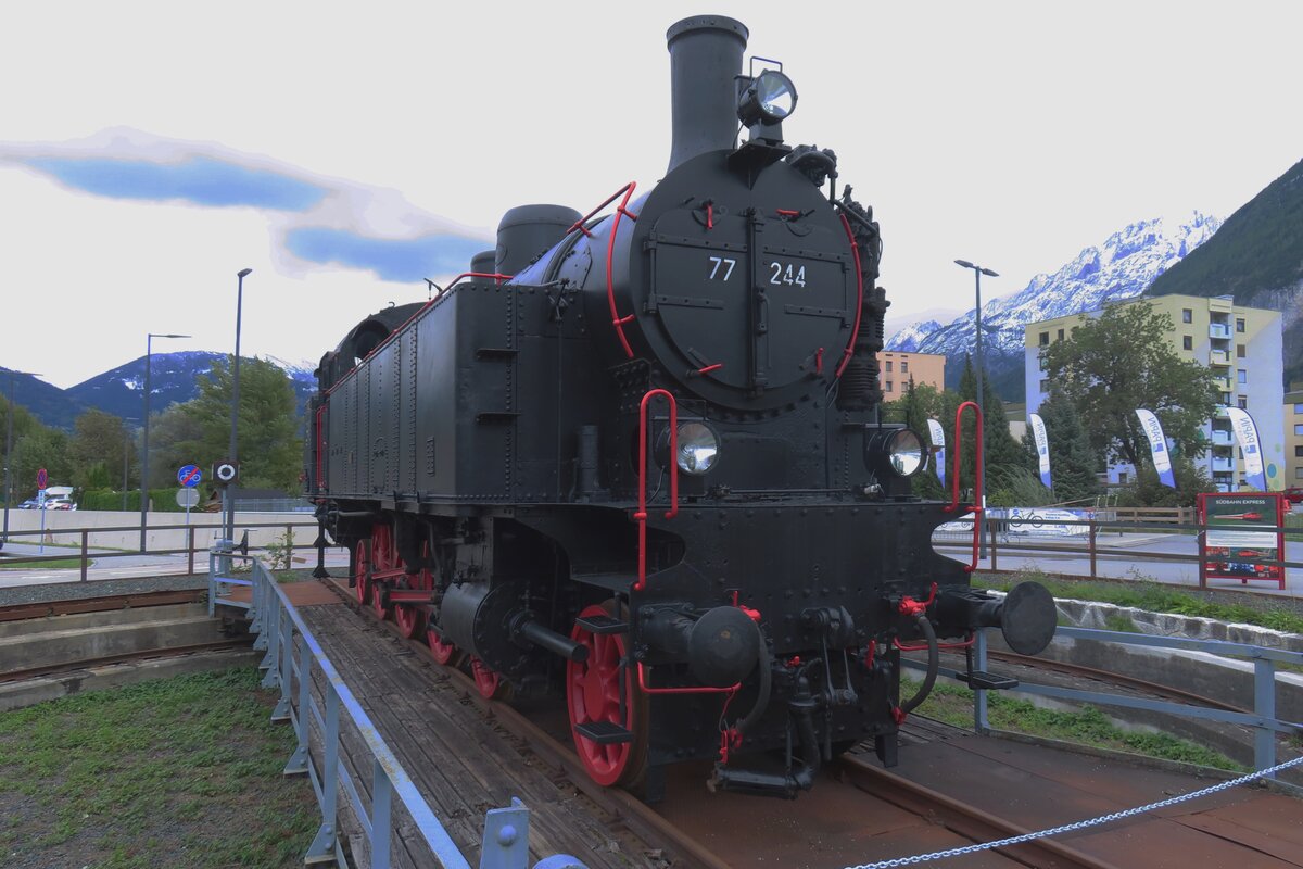 Outside the railway station of Lienz, 77 244 is plinthed near a small local railway museum and is photographed on 14 September 2024.