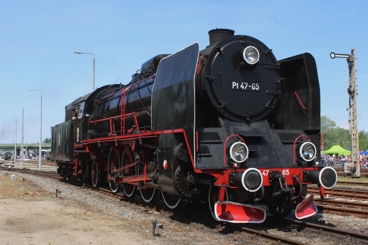 Pt47-65 stands in Wolsztyn on 4 May 2024 in preparation for the steam loco parade that will see seven participants from five countries (two from Germany, two from Poland and one each from Czecia, Belgium and Luxembourg).