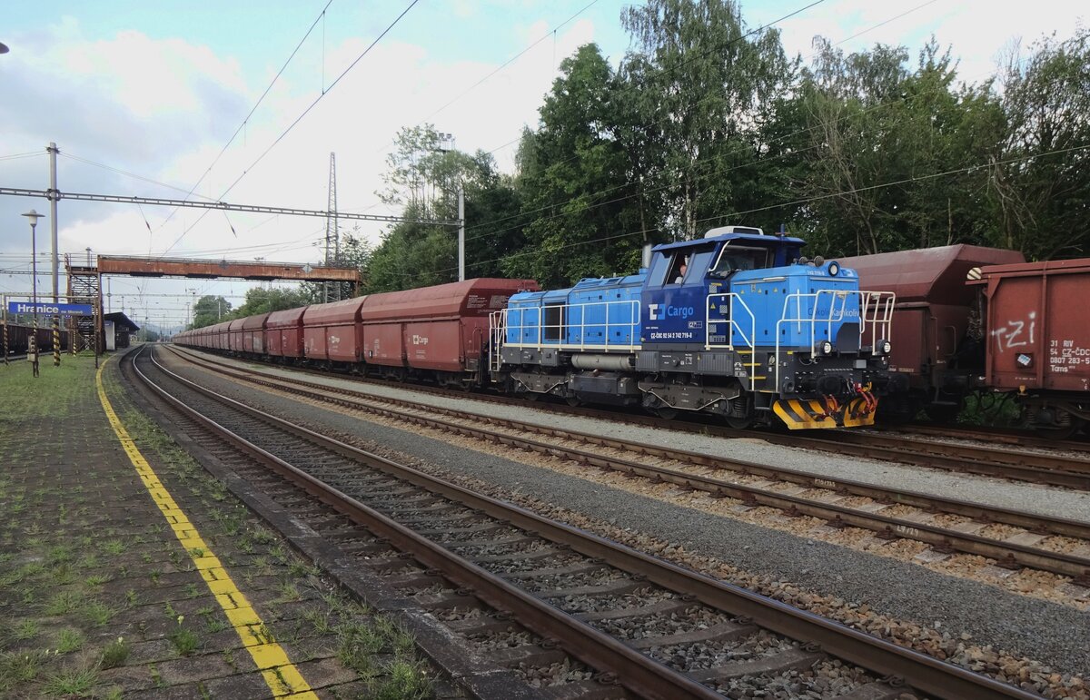 Radically modernised 742 719 stands with a coal train at Hranice nad Morave on 25 August 2021.