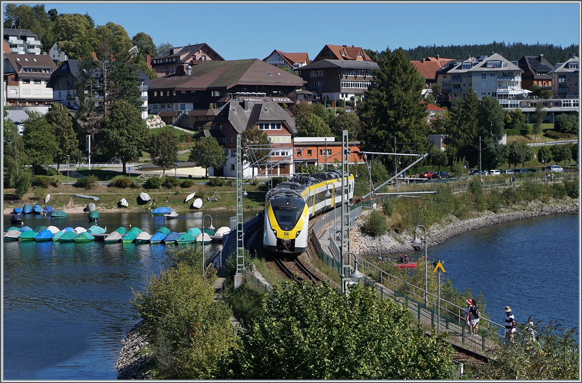 Shortly after its stop in Schluchsee, the DB 1440 173 (Alstom Coradia Continental) is on its way to Titisee and crosses this arched viaduct.

Sept. 20, 2023