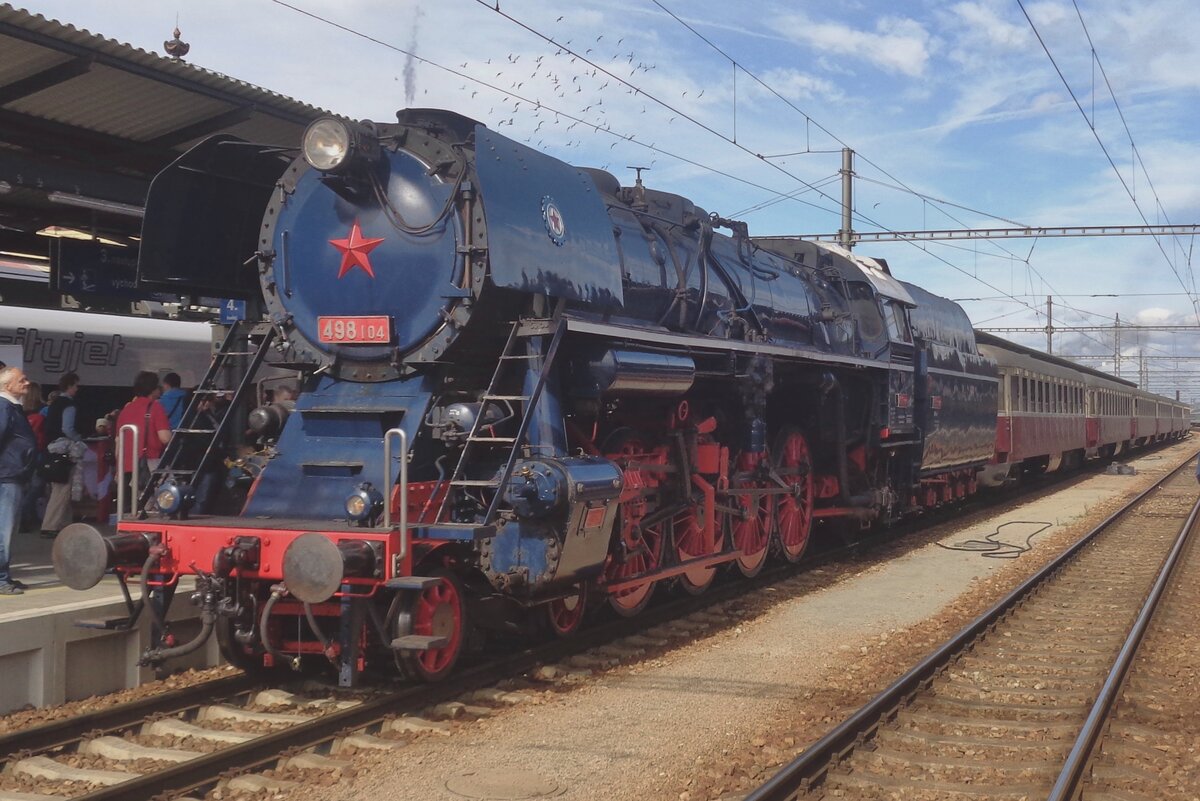 Slovak 498 104 calls at Ceske Budejovice with a steam train on 22 September 2018.