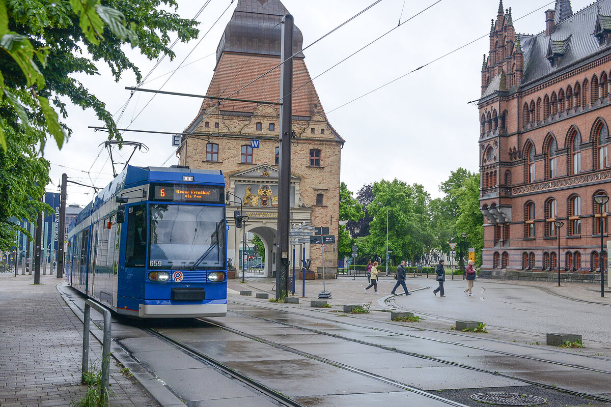 Tram 659 RSAG (Rostocker Straßenbahn AG) on line 6 photographed in front of Steintor in Rostock Date: 8th June 2025.