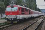 On 16 September 2017 ZSSK 350 011 plus EuroCity passes through Praha-Vrsovice toward the cleaning facilities nearby.