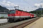 ÖBB 1144 100 pushes a local train out of Schwarzach Sankt-Veit on 3 June 2015. All 1044s are now modified in 1144, having push-pull capacity and being able to get operated by what amounts to remote control.