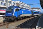 SPIRIT OF BRNO in Brno hl.n.: 1216 235 (called SPIRIT OF BRNO) pushes a RailJet towards Praha out of Brno hl.n.