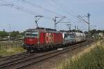 ÖBB 1293 186 hauls a coal train through Venlo-Vierpaardjes into Germany on 7 August 2025.