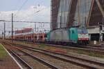 Lineas 2841  e-drivers  hauls an automotive train through Hasselt toward Aachen West on 22 May 2019.