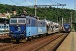BLG automotive train gets hauled by 372 007 through Decin hl.n. toward Lovosice on 22 May 2015.