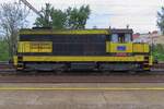 Side view on modernised Transistor 742 507 of PKP cargo International, formerly Advanced World Transport in Praha-Liben on 8 May 2024, still showing the Viamont colours of the 1990s.