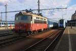 Old colours, newer pantographs: CD 242 281 hauls a fast train to Jihlava out of Ceske Budejovice on the evening of 28 September 2025.