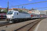 Clean white 193 577 hauls a Slovak Fast train out of Brno hl.n. toward Breclav and Bratislava on 19 september 2024.