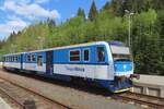 On 9 May 2024 CD 914 196 stands ready for departure at Zelezna Ruda -the Czech part of a double station, of twhich the German part is called Bayerisch Eisenstein.