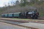 Ex-CSD 434 2186 shunts a steam train into the area of the railway museum in Luzna u Rakovnika on 11 May 2024.