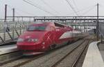 Due to construction works on the high speed line between Bruxelles-Midi anf Antoign (close to the Belgian-French border) EuroStar red (formerly Thalys) services were diverted on the route