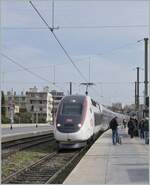A SNCF TGV Duplex on the way to Nice-Ville is arriving at the Marseille Station Saint-Charles.