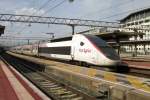 A dirty (or cleanless) TGV Lyria 4401 quits Lyon Part-Dieu on 2 June 2014. TGV Lyria are the French-Swiss version of the TGV-POS.