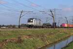 RheinCargo 285 115 hauls a container train through Angeren on 24 October 2024.