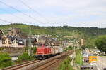 Locomotive 213 336 passing in Oberwesel with a short goods train, 8/8/2025.