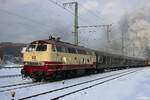 Late afternoon on 3 January 2026: NeSa 218 105 banks the Dreiköningsdampf extra train out of Titisee to Rottweil via Donaueschingen.