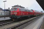 DB 218 411 stands with an RE to Hof Hbf on a grey 24 September 2025 in Marktredwitz.