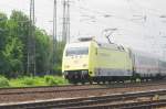 DB 101 013 with advertising livery 'dOKUMENTA-13 Kassel' passes Koblenz-Ltzel on a sunny 2 June 2012.