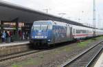 DB 101 070 'Mannheim Adler' (an ice-hockey club from Mannheim) calls at Koblenz Hbf on 2 June 2012.