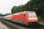 DB 101 034 with Belgian D-Zug Cologne-Oostende at Aachen Hbf on 21 May 2001. At Aachen Hbf the DB loco will be replaced by an NMBS Reeks 27 before continuing into Belgium. Sadly this service was discontinued in 2002.