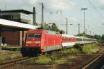 On 16 May 2002 101 042 with SBB EC 7 enters Duisburg Hbf. 