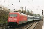 Scanned picture of 101 111 with InterRegio to Karlsruhe passing through Kln-Deutz on 13 February 2001.