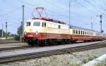 112 501-2 with special part of Rheingold, part Mannheim to Munich, at Nrnberg-Langwasser 150 years railway in Germany, September 14th, 1985.