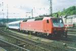 Scanned picture of 120 102 with InterRegio stock in Koblwenz Hbf on 13 April 2000. Note the second coach, which is still in semi-original DR colours.