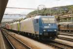 Alpha Trains mercenary 185 527 in BLS-service at Spiez on 24 May 2003.