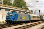 Scanned picture of Alpha Trains 185 536 in BLS-service at Spiez on 22 May 2003.