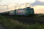 The class 185 542 of the private railway company  Rail4Chem  is pulling with another class 185 a train, which has loaded chemicals through the fields of Brunswick. This picture was taken in the evening of the 28th August 2009.