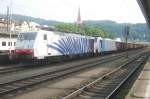 LOMO 189 917 in blue zebra colours stops at Kufstein on 27 May 2012 at 7;30 in the morning.

