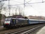 MRCE 189 096 with MAV-coaches to form an overnight train at 's Hertogenbosch on 7 February 2008.