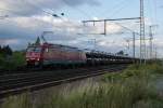 The brandnew class 189 800 from the MTEG railway-company is pulling a train loaded with cars through the fields of Brunswick. This picture was taken on the 28th August 2009 near Timmerlah a part of Brunswick.