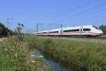 Something special: on the Betuweroute freight artery, passenger trains are normally not seen, but on 5 August 2024 diverted ICEneo 408 003 passes Valburg toward Arnham and Cologne due to works between Utrecht and Arnhem. Class 408 is the multi-system version of Class 407.