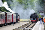 Two heritage trains pass each other at Heiligendamm station on the narrow-gauge line Mecklenburgische Bäderbahn. Approaching the photographer is steam locomotive 99 2321-0, coming from Kühlungsborn towards Bad Doberan. Date: 8th June 2025.