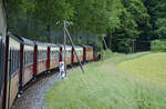 Steam locomotive with train on the Mecklenburgische Bäderbahn between Kühlungsborn and Heiligendamm. The picture was taken from the end platform of one of the train carriages. Date: 8th June 2025.