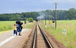 The section of the narrow-gauge railway Mecklenburgische Bäderbahn seen from the Steilküste halt in a westerly direction. A steam train departed from the halt a short time ago. Date: 8th June 2025.
