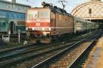 On 7 November 1999, Db 180 001 with MV EC 'Hungaria' Budapest-Praha-Dresden-Berlin leaves Dresden Hbf.