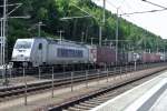 On 23 May 2015 Metrans 386 008 speeds through Bad Schandau.