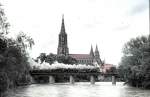 S 3/6 and 01 066 passing the Donau river bridge at Ulm, May 27th, 1996.