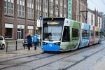 Tram 602 belonging to the company RSAG (Rostocker Straßenbahn AG) on line 5 in Lange Straße in Rostock.